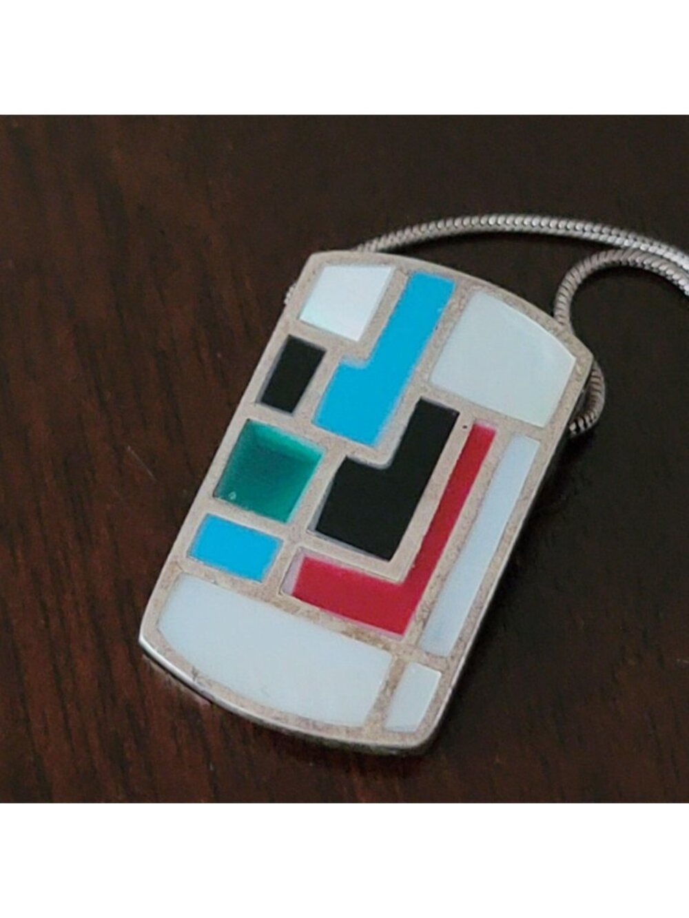 925 Sterling Silver Geometric Mosaic Inlay Pendant Necklace, Modernist Vintage